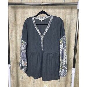 Weekend Suzanne Betro Womens Boho Waffle V Neck Button Blouse Boho Peasant XL